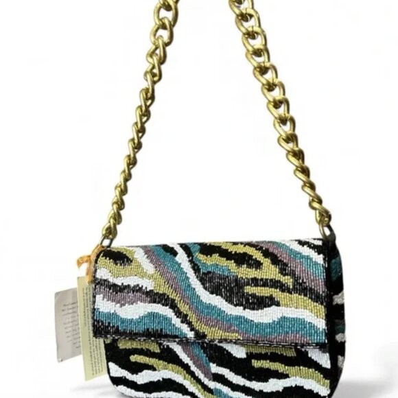 Hand Made in India Beaded Shoulder Abstract Design Bag Thick Chain NWT - Picture 3 of 6